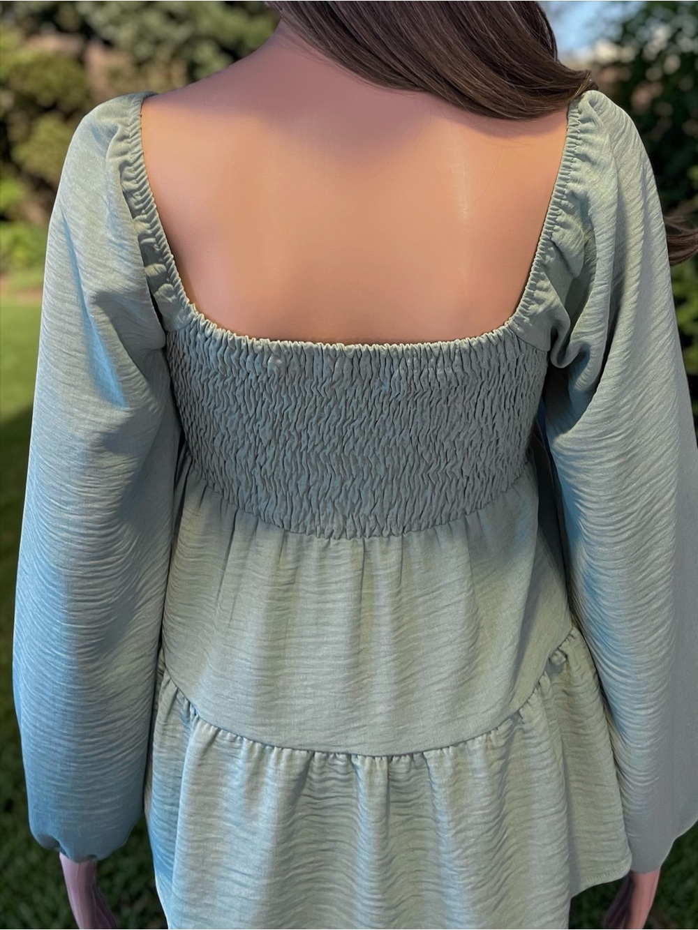 Paper Crane Sage Green Smocked Boho Babydoll Top Size L - Picture 5 of 7
